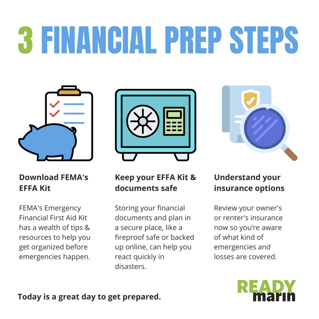 3 Financial Prep Steps. Download FEMA's EFFA Kit, Keep your kit and documents safe, Review your insurance policies